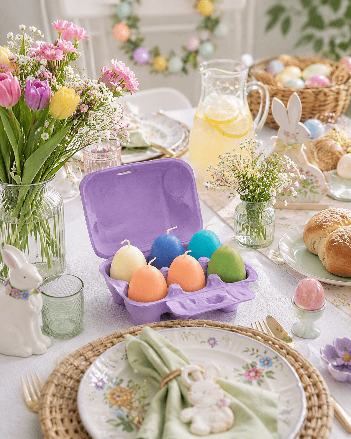 Eierdoosje met 6 paaseieren-kaarsjes in pastel tinten