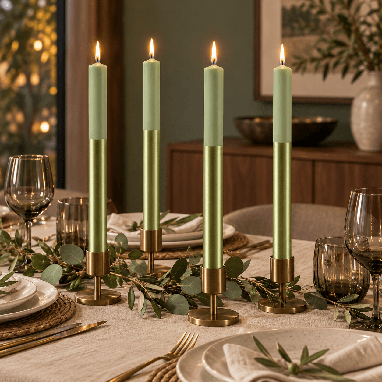 Dinerkaarsen 'Dip dye'  22 × 250 mm / Groen metallic / per 4 stuks