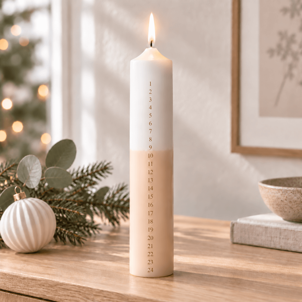 Adventskalenderkaars 50 × 265 mm / wit-beige met gouden cijfers