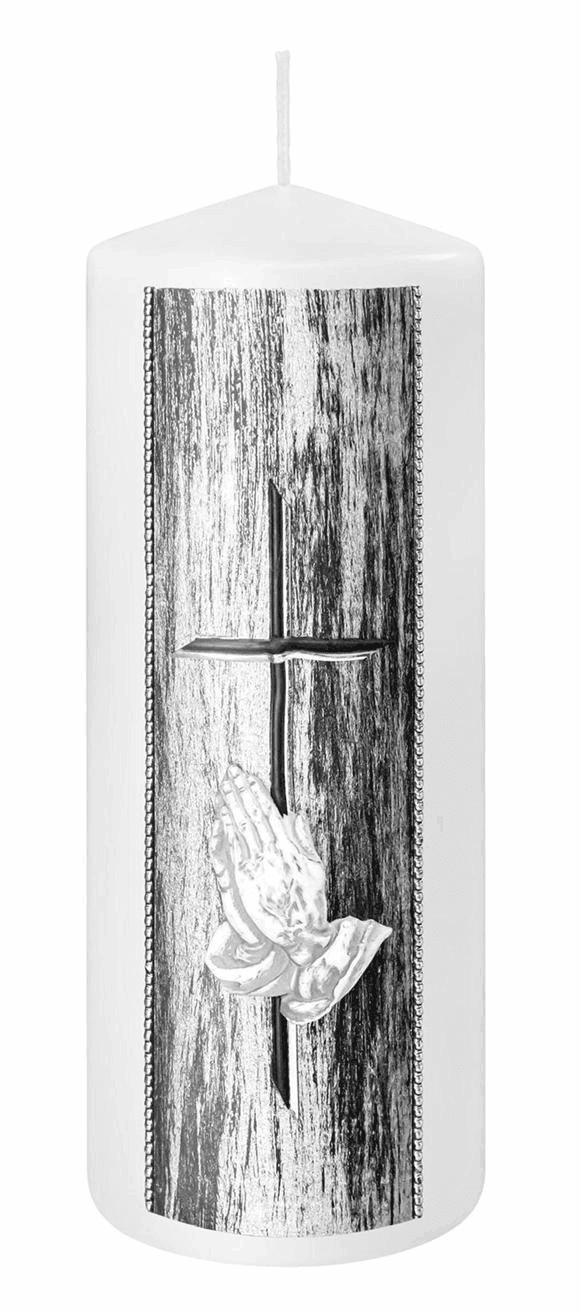 Rouwkaars met kruis en biddende handen 78x200 mm / Wit 2