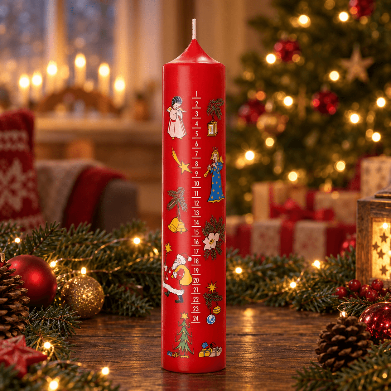 Adventskaars met kerstfiguren 50 × 265 mm / Rood