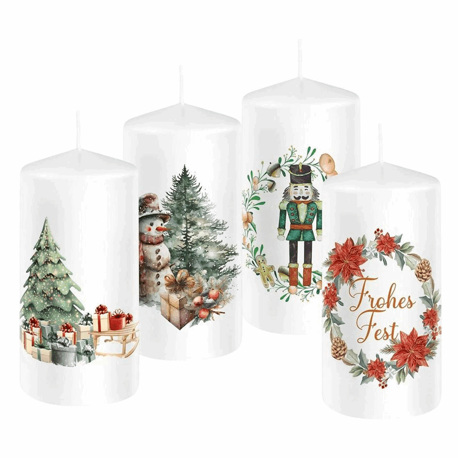 Kerstkaarsen met feestelijke illustraties 58 × 120 mm – set van 4 2