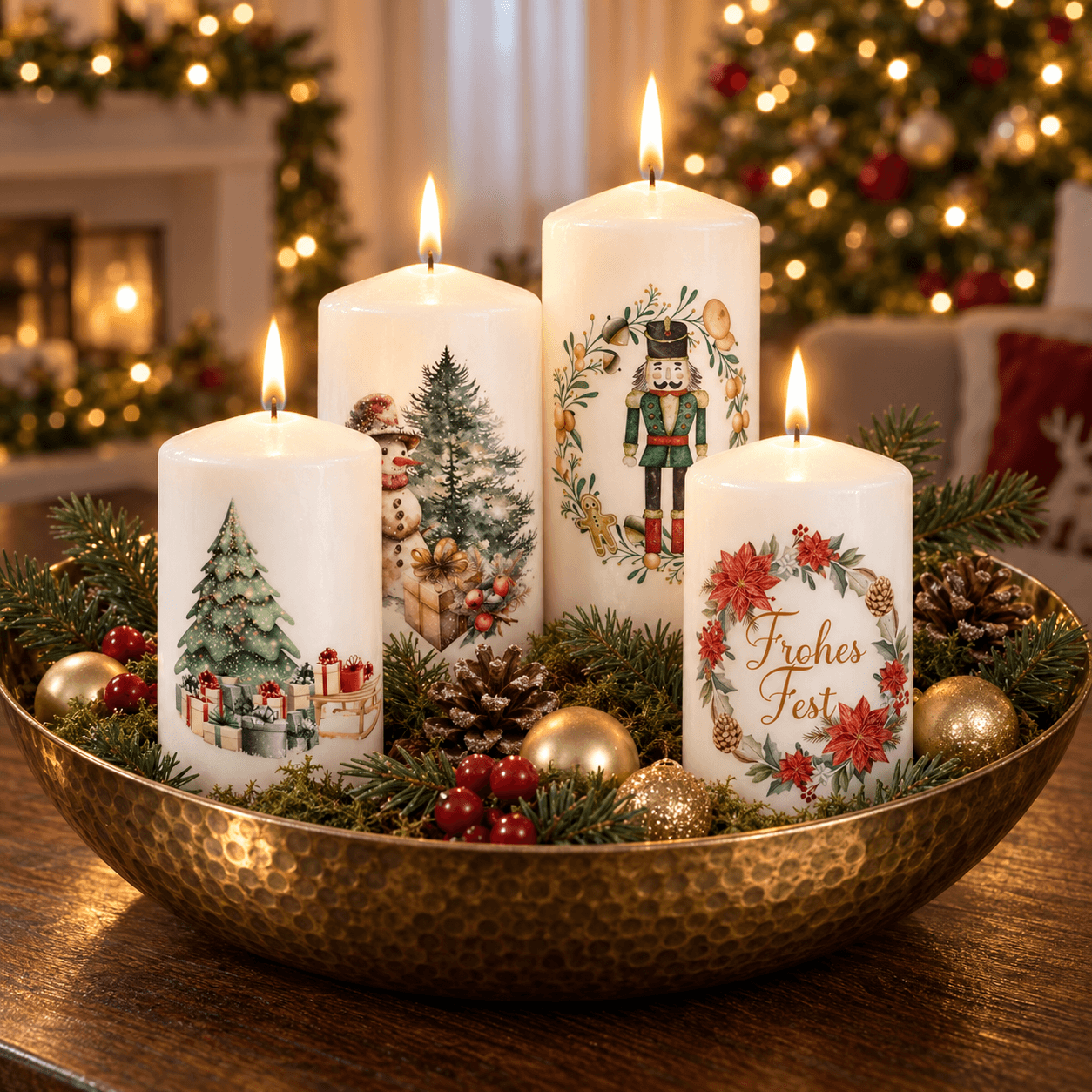 Kerstkaarsen met feestelijke illustraties 58 × 120 mm – set van 4